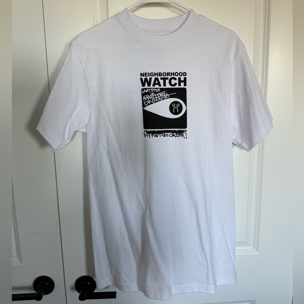 Neighborhood Watch White Short Sleeve Graphic Tee with Black Print